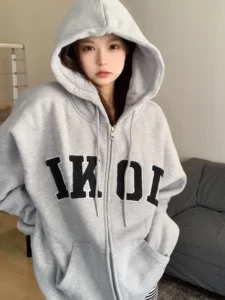 2023 Autumn Women Casual Letters Zipper Hooded Jackets Female Korean Simple Hip Hop Sweatsirts Lady Oversize Pockets Streetwears - Image 6