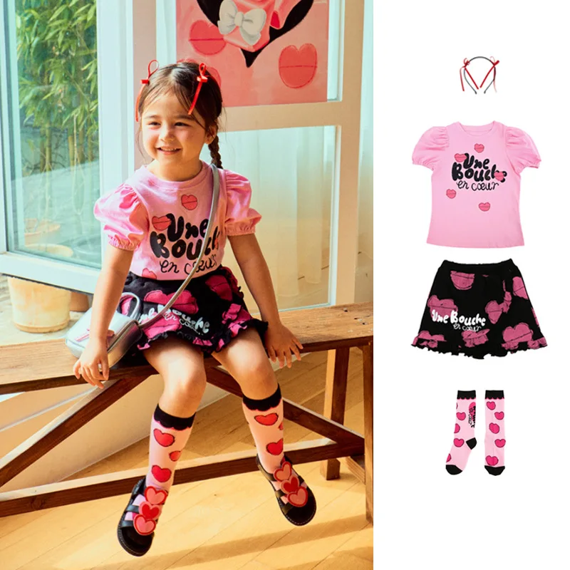 New Korean Children's Clothes Girls T Shirts Skirts For 2024 Summer Baby Children's Pretty Cotton Tee Top Suit Kids Clothings