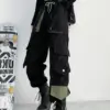 HOUZHOU Techwear Cargo Pants Women Harajuku Hip Hop Casual Black Wide Leg Trousers High Waist Ice Silk Pants Female Streetwear