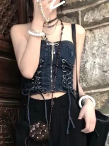 Summer Vintage Y2k Sleeveless Crop Tops Women Backless Sexy Party Denim Corset Women Bandage Korean Fashion Casual Vest 2023 New - Image 4