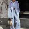 Oymimi Casual Dark Blue Print Women's Two Pieces Set Elegant Long Sleeve Button Shirt And Low Waist Straight Trousers Female Set