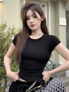 Girls Sweet Sexy Elastic Slim Fit Knitted Short Sleeve Tops Korean Street Wear Hip hop dancing Short T-shirt Large Basic T-shirt - Image 6