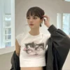 Women Tshirt Crop Top Cat Short Sleeve Summer Sexy Kawaii Harajuku Korean Fashion Y2k Streetwear Tees Vintage Aesthetic Clothing - Image 2