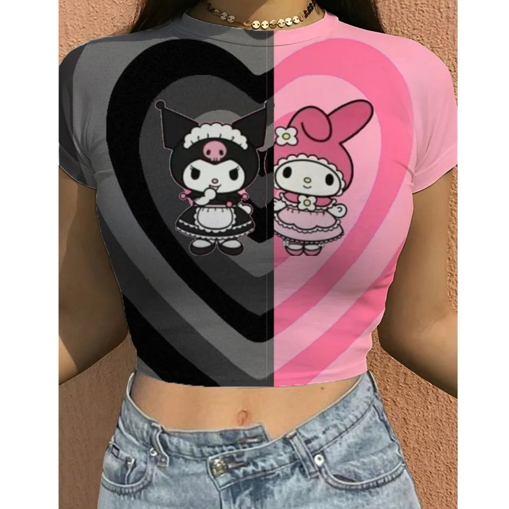 Hello Kitty Harajuku Gothic Retro Slim Fit Short Open Navel Top Street Dress Sexy Summer Y2K Casual Women's T-shirt