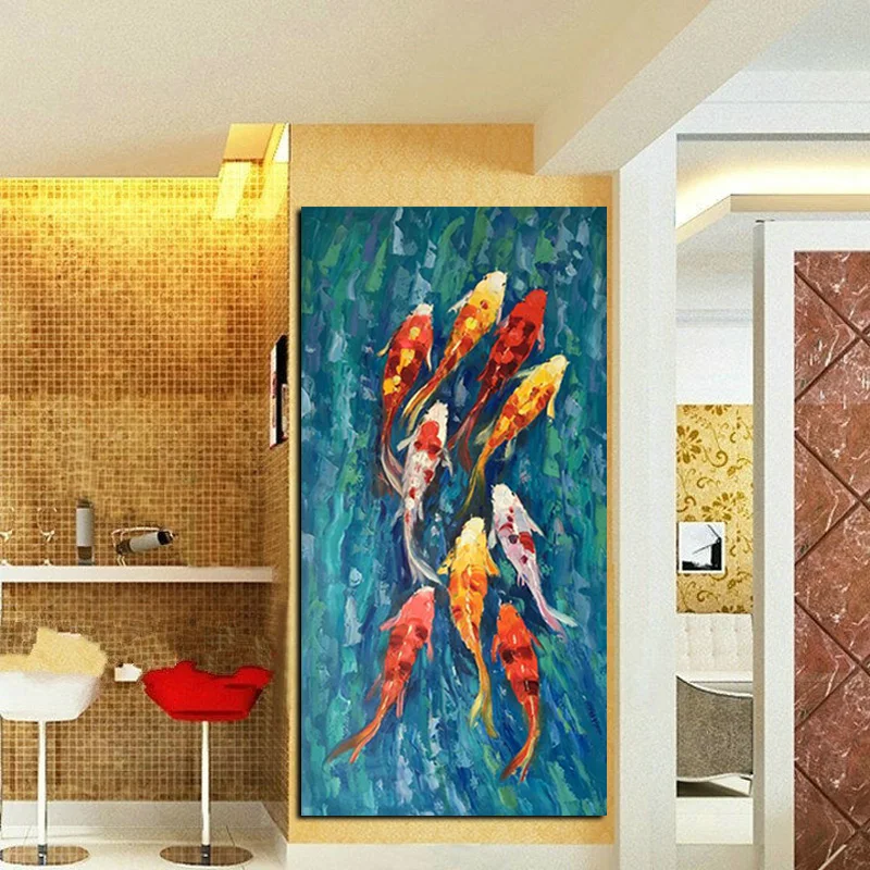 Wall Art Picture HD Print Chinese Abstract Nine Koi Fish Landscape Oil Painting on Canvas Poster For Living Room Modern Decor (2)