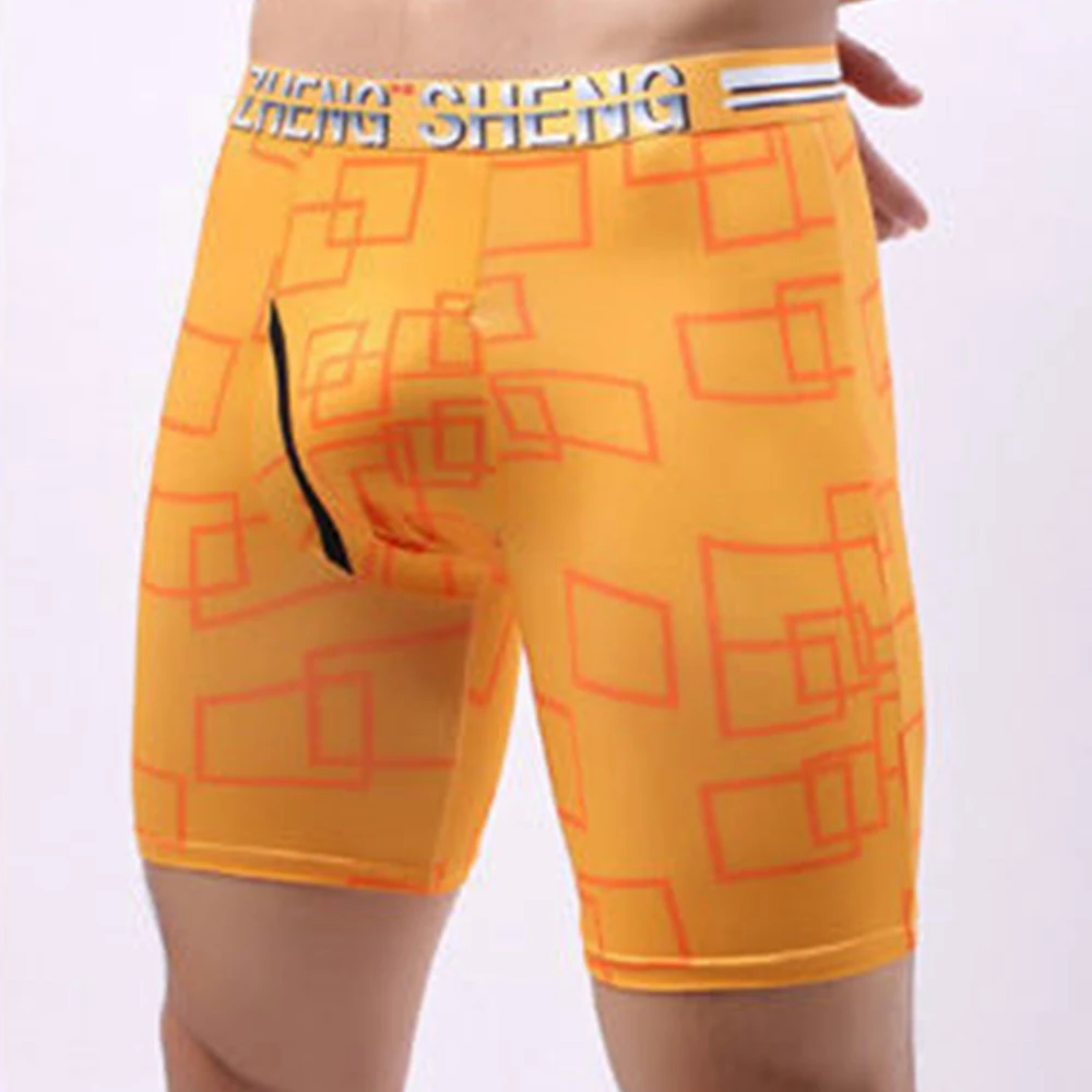 Men Boxers Print Ice Silk Long Leg Shorts Wide Waistand Underwear Briefs Boxer Underpants Sports Gym Calzoncillo Hombre 