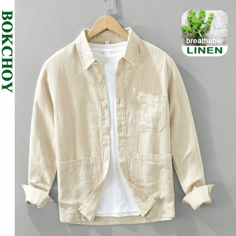 2024 Spring New Vintage Simple Long Sleeve Shirts for Men Clothing Casual Ramie Cotton Fresh Turn-down Collar Soft