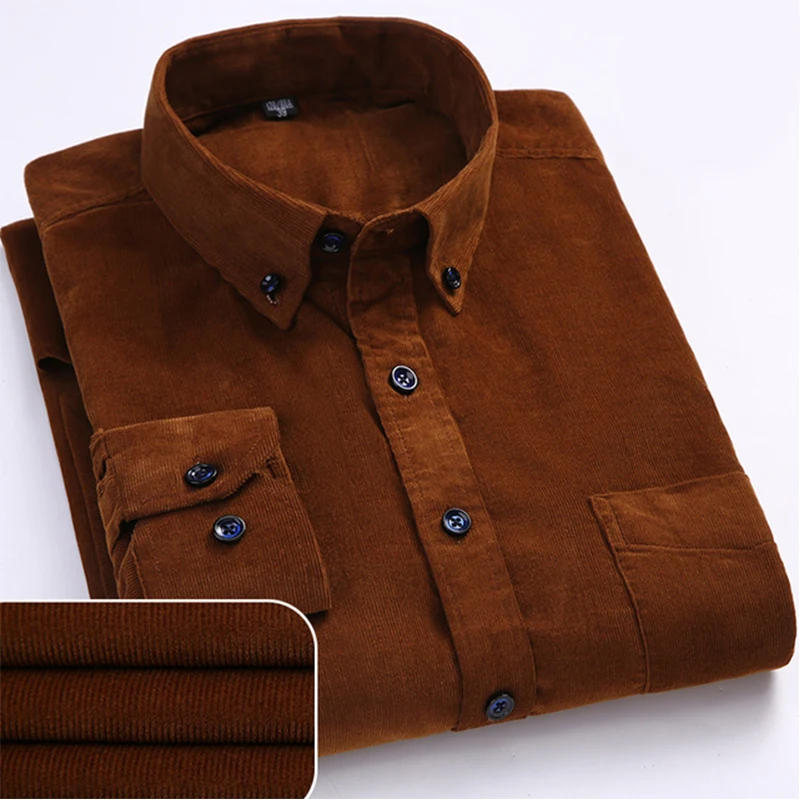 Oversize Corduroy Shirt For Men's Clothing Casual Long Sleeve Shirts Male Cotton Comfortable Soft Button-down Collar Brown Shirt