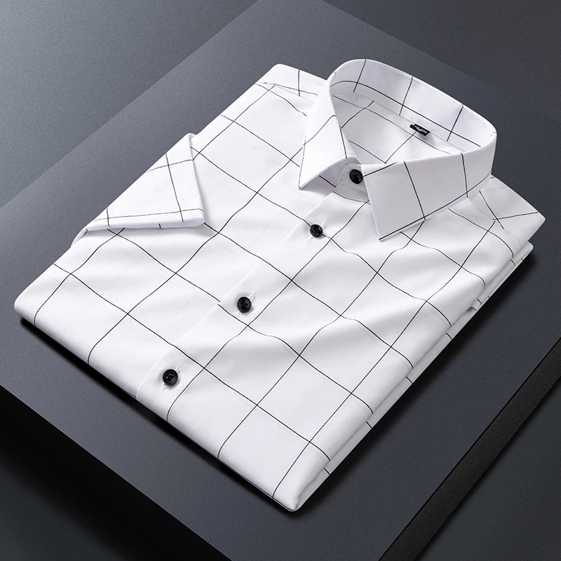 2024 Summer Cool Men's Short Sleeved Shirt Single Breasted Elastic Slim Fit Pocketless Business Social Formal Office 3XL-4XL-5XL