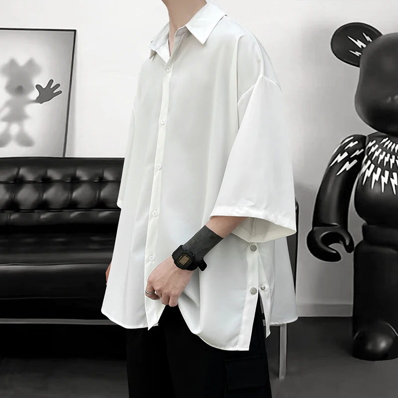 Summer Short Sleeved Shirt Men Oversized Black White Shirt Men Streetwear Korean Loose Ice Silk Shirts Men's Casual Shirt M-3XL