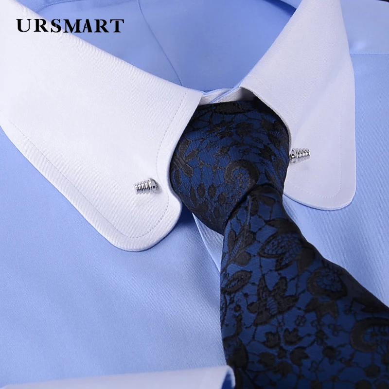 Rounded Empire Neckline Men's Long sleeved Shirt White Blue Different Color Classic Elegant Non iron French Cuff Shirt Men's