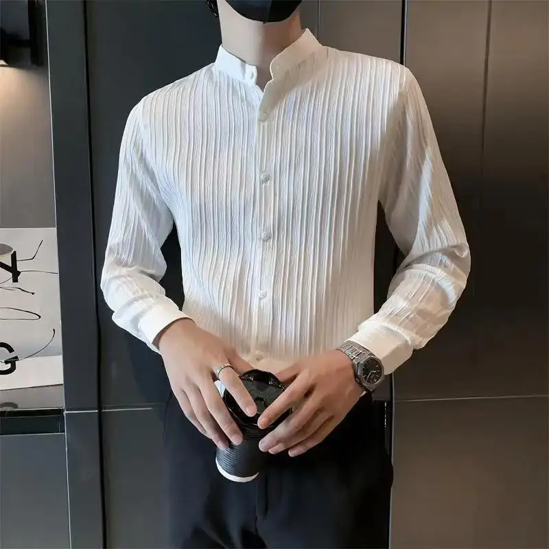 Spring Fashion Man Brand Quality Social Striped Shirts Luxury Mens White Slim Fit Long Sleeve Dress Shirt Chemise Homme Techwear