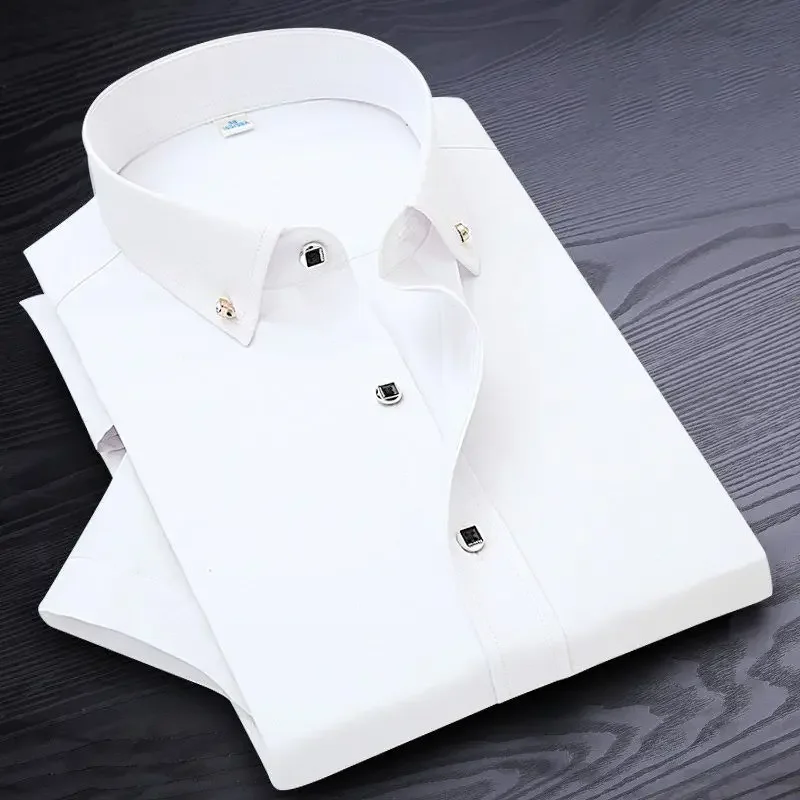 Plus Size Men Dress Shirts Short Sleeve Slim Fit Solid Business Formal White Shirt Male M~5XL Men's French Cuff Shirt Summer