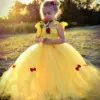 Girls Yellow Princess Tutu Dress Kids Crochet Tulle Flower Dresses Ball Gown with Red Ribbon Bow Children Party Costume Dresses