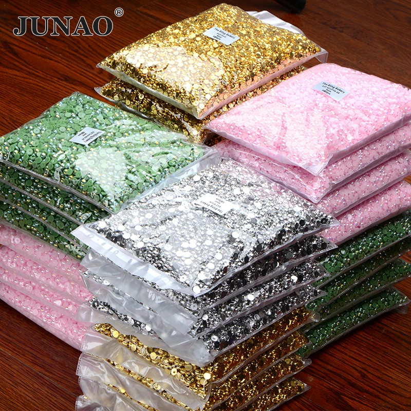 JUNAO Wholesale 2 4 6 8 10 12 14mm Gold Half Round Pearls Loose Plastic Beads Flatback Pearl Beads For DIY Necklace Bracelets