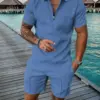 New 2024 Men's Polo Suit Fashion Men Sets Solid Summer V-neck Zipper Short Sleeve POLO Shirt+Shorts Two Pieces Men Casual Suit