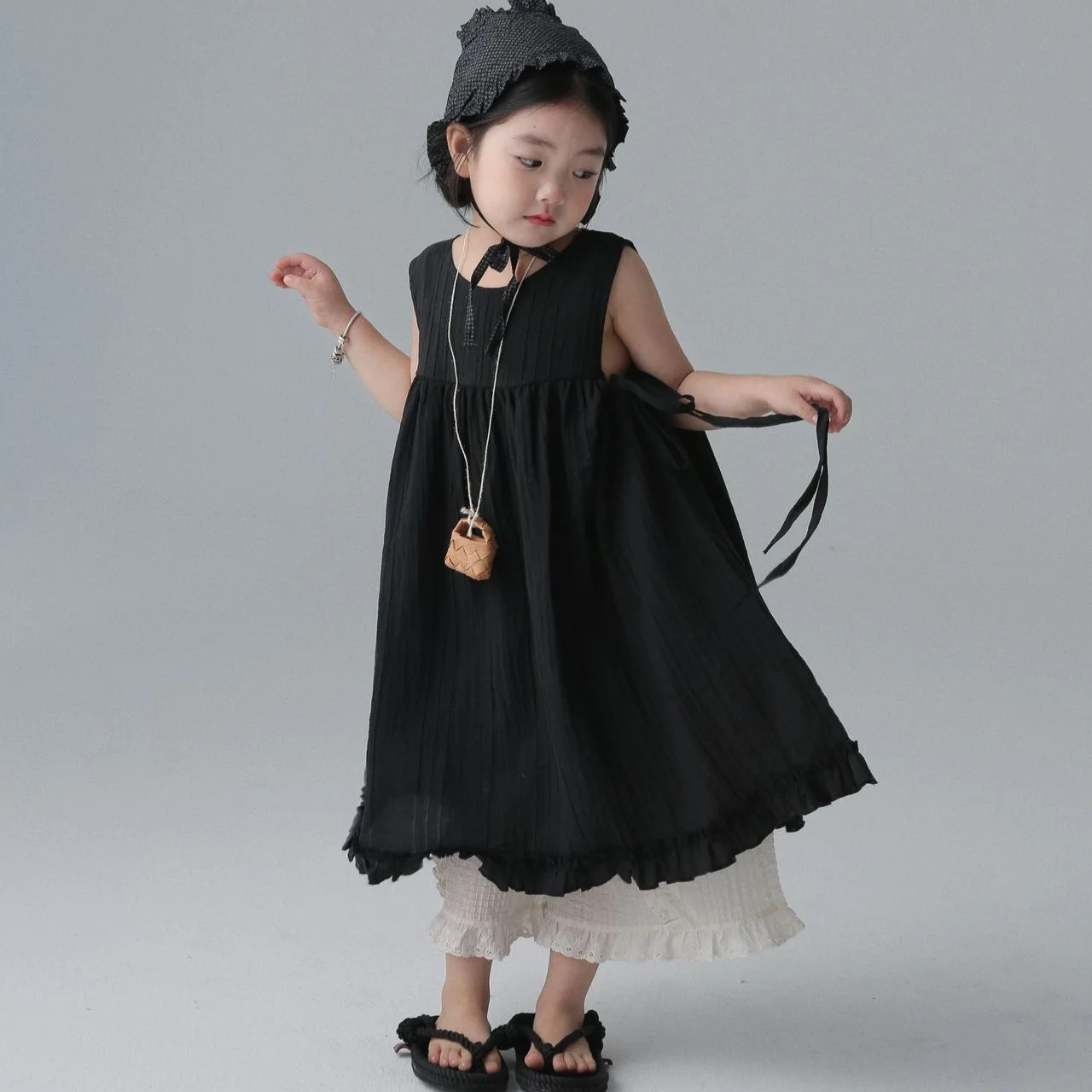 Korean Childrens Clothing 2024 Korean Version Summer New Girls Sleeveless Dress Lace Pants Summer Two-piece Set