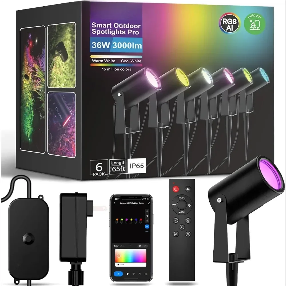 Smart Landscape Lights Pro , 6 Pack Color Changing Landscape Lighting IP65 Waterproof, RGBAIWW Low Voltage Outdoor Spot Lights