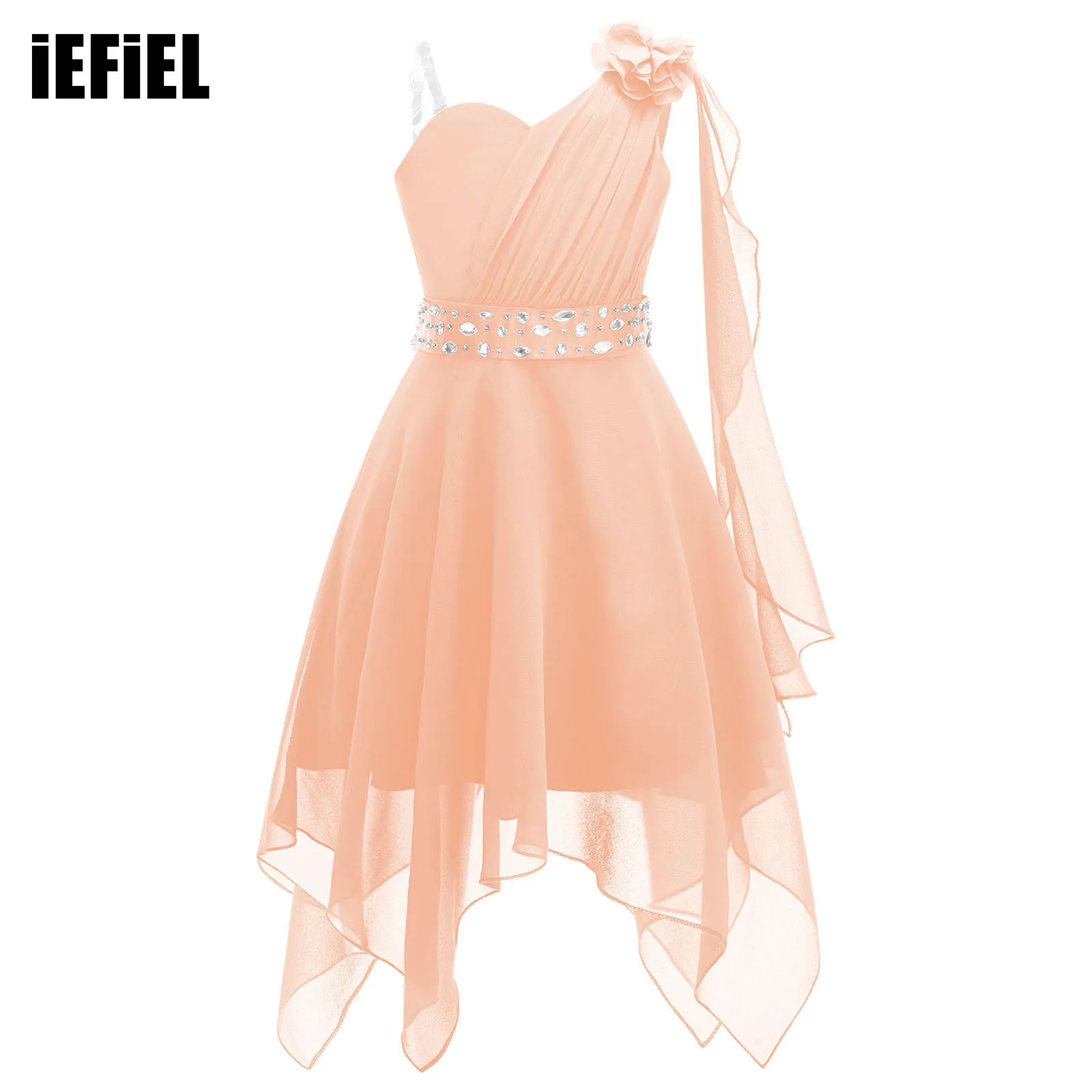 Kid Girls Chiffon Party Dress One Shoulder Asymmetrical Hem Applique Party Clothing with Shiny Crystal Belt Decoration