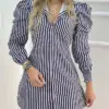 Women's Elegant Dress 2024 Summer Latest European and American Style Commuter City Stripe Bubble Sleeves Slim Fit Shirt Dress