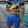 Hawaii 2pcs sets 3D Coconut tree print Zipper Polo Shirt Short Sleeve Shirt and Shorts Casual Fashion Zip-Up Man 2PCS Sweatshirt