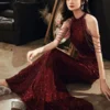 Elegant Luxury Long Women Dresses Elegant Party Gown Black Sequined Pearl Tassel Shoulder Celebrity Red Carpet Dresses - Image 5
