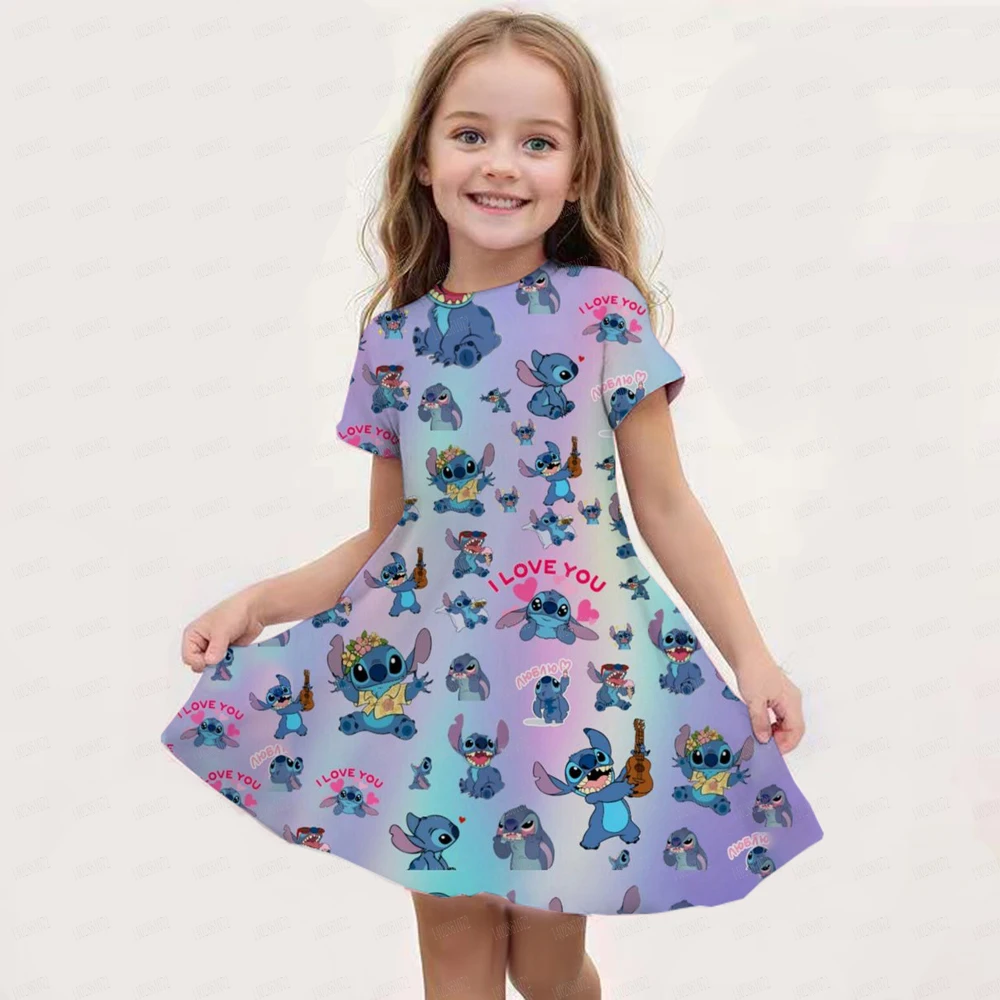 MINISO Summer Girls Dress Fashion Cartoon Lovely Stitch 3d Print Women Dresses Girls Short Sleeve Princess Dress Girls Clothing