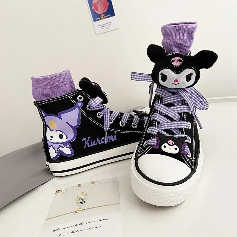 Miniso Anime Kuromi Children High Top Canvas Shoes Kawaii Cartoon Non-slip Sole Canvas Cartoon Shoes Student Girl Gifts