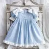 Kids Spanish Clothes 2024 Girls HandMade Blue Dress with Big Bow sleeve Baby Pearl Embrodiery Dresses Children Elegant Frocks