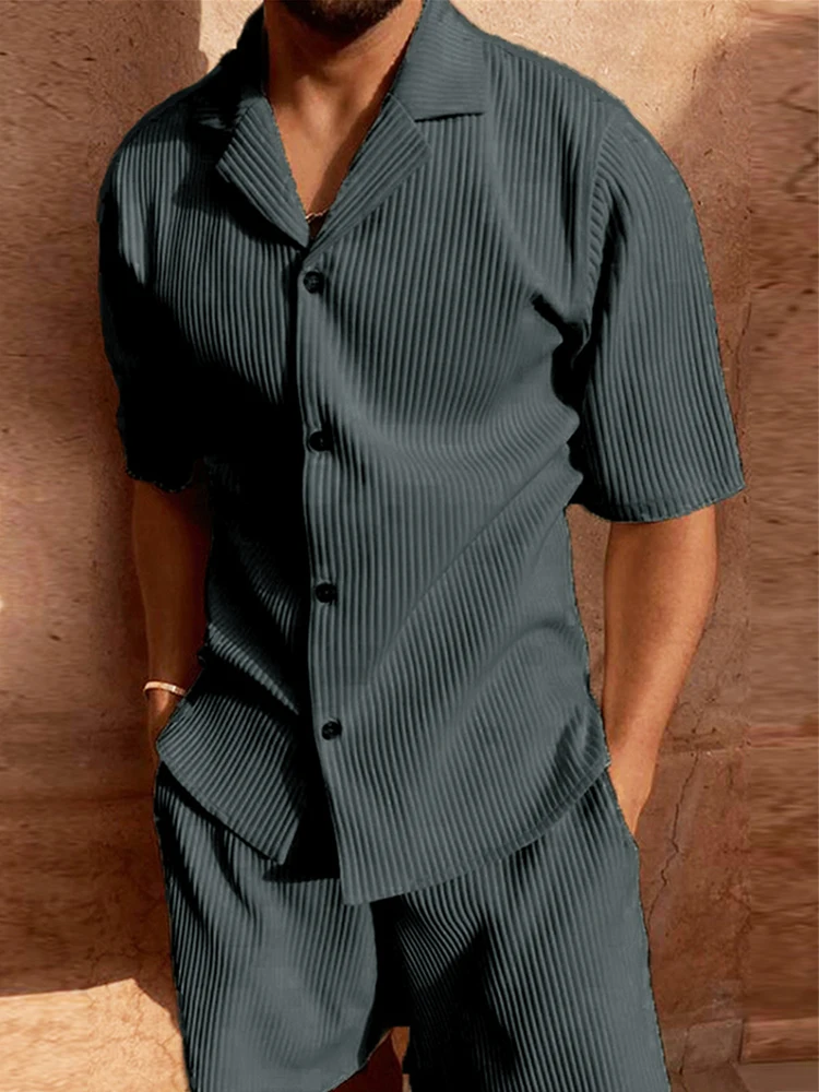 Summer New Casual Ribbed Outfits Mens Solid Color Short Sleeve Lapel Shirts And Shorts Corduroy Fashion Sets Men Two Piece Suits
