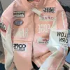 Women's Up Leather Motorcycle Jacket, American Pink Jacket, Y2K Stitching, High Quality, Embroidered, Windproof Jackets, Hip Hop