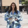 Summer New European and American Women's Elegant and Fashionable V-neck Bubble Long sleeved Printed Ruffle Edge Dress