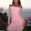 Sibybo Pink Off Shoulder Mini Dress Women Fashion Ruched Long Sleeve Slash Neck Bodycon Short Dresses Elegant Sexy Party Wear