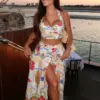 TRAFZA Women 2 Piece Set Sexy Backless Print Buttons Sleeveless Mini Sling Top+Fashion High Waist Buttons Beach Midi Skirt Mujer