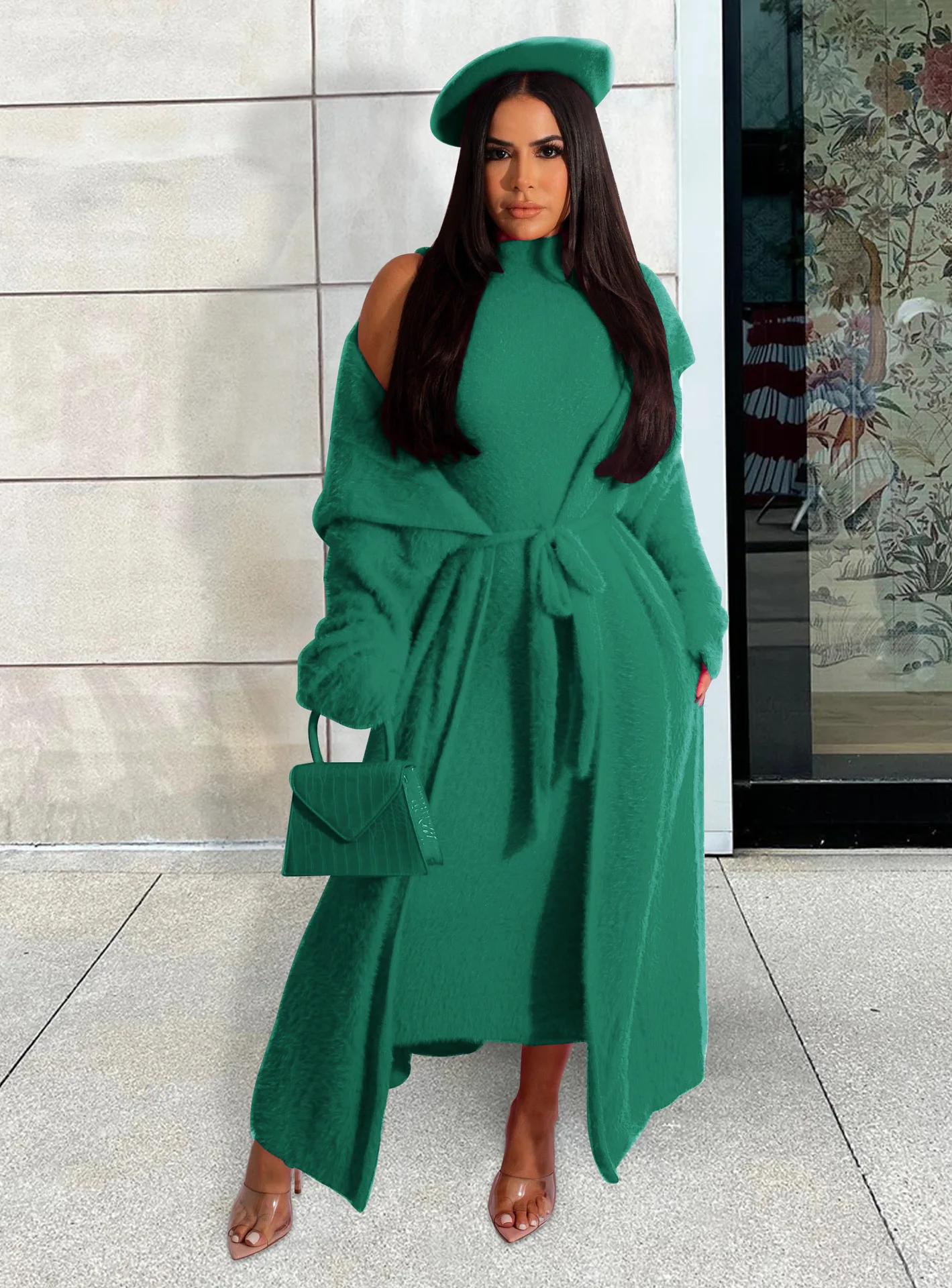 Winter Women's Set Furry Loose Cardigan & Knitted Dress 2 Piece Outfits Stylish Ladies Comfortable Two-Piece Dress Set