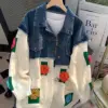 Denim Jacket Women Heavy Industry Embroidery European Spring Autumn 2022 Fashion Doll Collar Design Street Casual Denim Coat