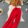 SINGREINY Fashion Two Piece Sets Women Ruffles Floral Print Shirt Elastic Waist Wide Leg Long Pants Korean Slim Summer Suit