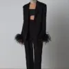 High End Fashion Women Black Blazer Suits Elegant Long Sleeve Furry Tops And Pants Two Pieces Sets Evening Party Outfits