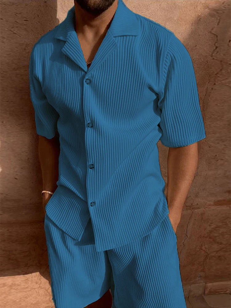 Summer New Casual Ribbed Outfits Mens Solid Color Short Sleeve Lapel Shirts And Shorts Corduroy Fashion Sets Men Two Piece Suits - Image 4
