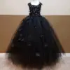 Girls black Flower Petals Tutu Dress Kids Crochet Tulle Dress Ball Gown Children Birthday Wedding Party Costume Evening Dress
