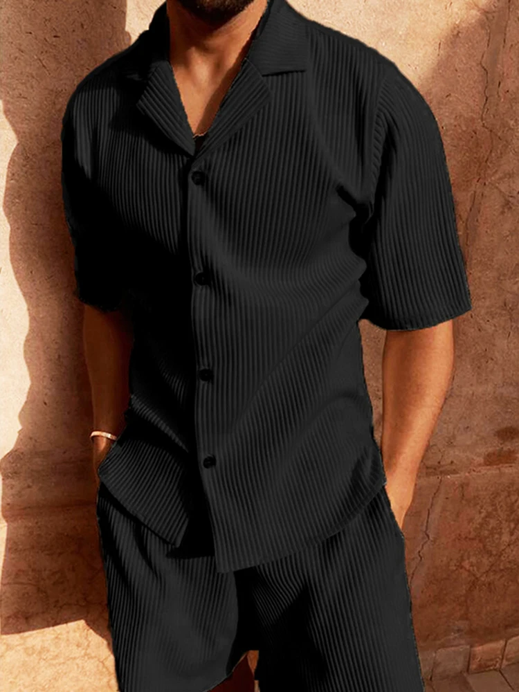 Summer New Casual Ribbed Outfits Mens Solid Color Short Sleeve Lapel Shirts And Shorts Corduroy Fashion Sets Men Two Piece Suits - Image 2