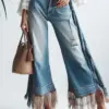 High Quality American Vintage Clothes Raw Edge Design Flared Jeans For Women Patchwork Tassel Ripped Washed Denim Y2k Pants