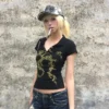 Karrcat Grunge Aesthetics Tattoo Print T-shirt Trashy Y2k Backless Crop Top Vintage 2000s Black T Shirt Wasteland Punk Irregular - Image 2