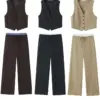 Willshela Women Fashion Two Piece Set Khaki Tank Tops & Straight Leg Pants Vintage V-Neck Single Breasted Female Chic Pants Suit