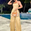 Fashion Multi Pocket Cargo Pants Wide Leg Jumpsuit Rompers Women Khaki Spaghetti Strap Backless One Piece Overalls Streetwear