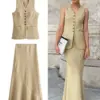 TRAFZA Women Vest Skirt Sets Female Khaki Long Blazer Vest V Neck Sleeveless Slim Top+Elegant High Waist A Line Skirt Suit TRAF
