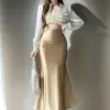 New 2024 Spring Summer Satin Skirt Women High Waist Long Trumpet Skirts Black Or Khaki Color Sexy Women's Skirts Womens