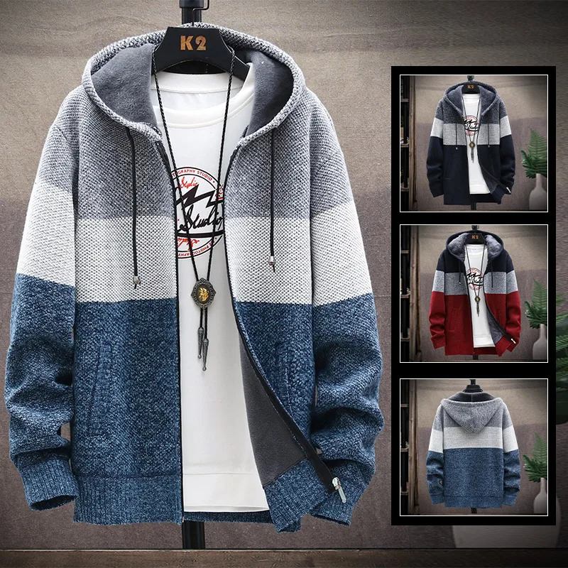 Men's Hooded Cardigan Fleece Sweater Jacket Cardigans Autumn Warm Jumpers Zip Up Jacket Male Clothing Japan Knitwear Coat