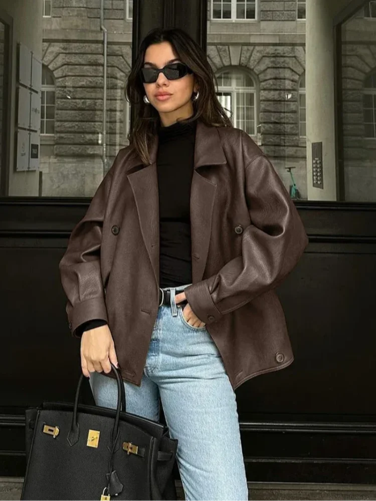 Vintage Double-breasted Solid Color Womens Leather Jackets Long Sleeve Casual Lapel Collar Autumn Winter Office Street Outerwear - Image 5