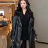 Lautaro Autumn Long Black Patchwork Pu Leather Trench Coat for Women Double Breasted Loose Stylish Luxury Designer Clothing 2023